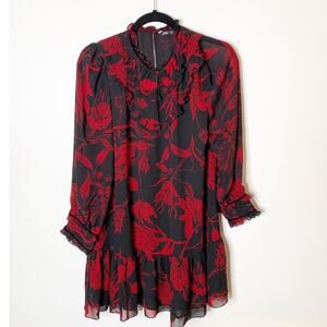 SZ M Zara Red & Black‎ Ruffle Whimsical Shift Dress